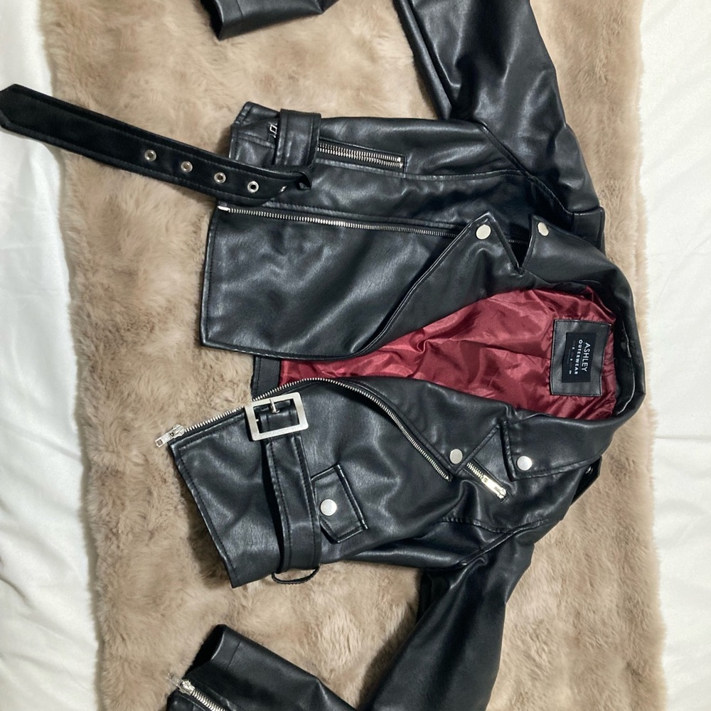 Ashley By 26 International Black Leather Jacket with Burgundy Lining